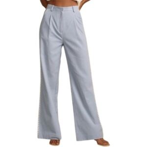 NWT L/12 Anthropologie Mon Renn Lisle Pant Light Blue White Trim Elastic Waist